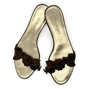 DOLCE & GABBANA Leather Slide Sandals with Flower & Leaf Applique | Size 39/ 9